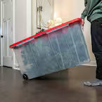 77 Gal. Tough Storage Tote with Wheels in Clear with Red Lid